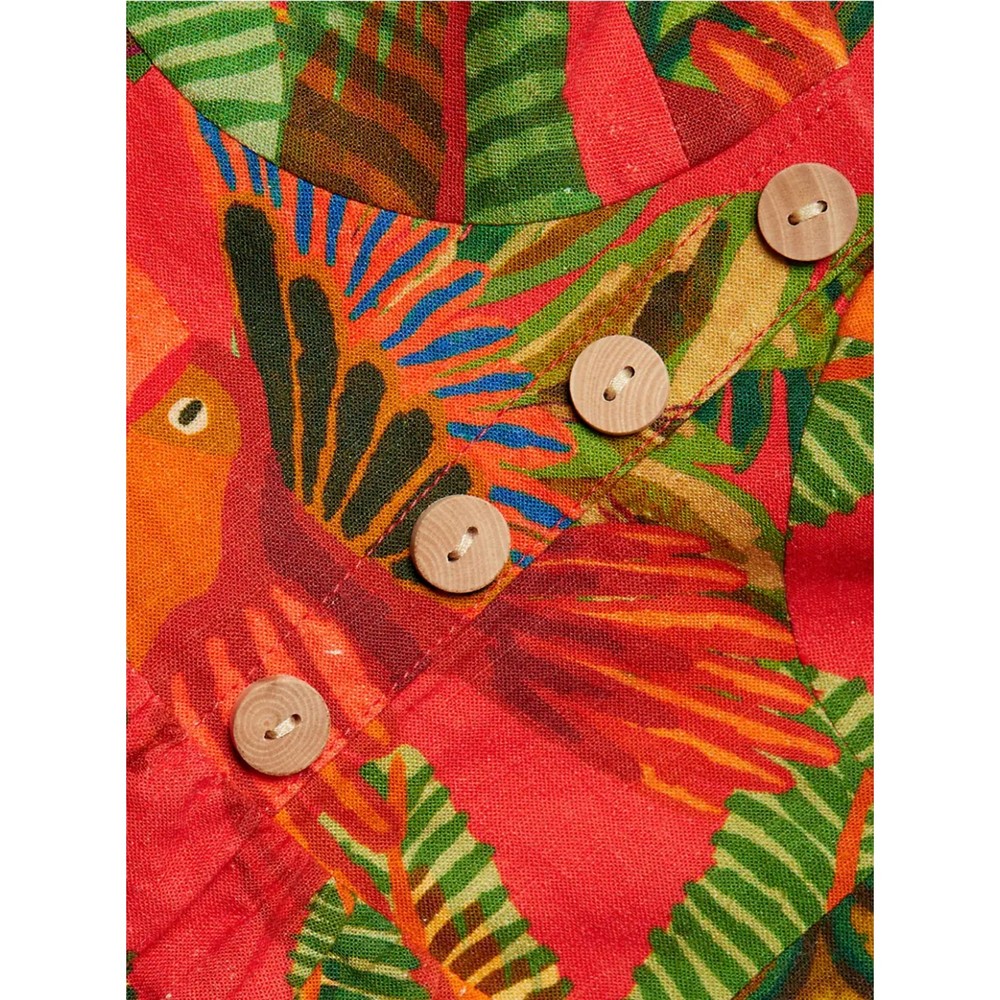 Farm Rio Red Forest Birds Mini Dress M Red Linen Blend Birds Tiered Hem Pockets - Picture 8 of 9